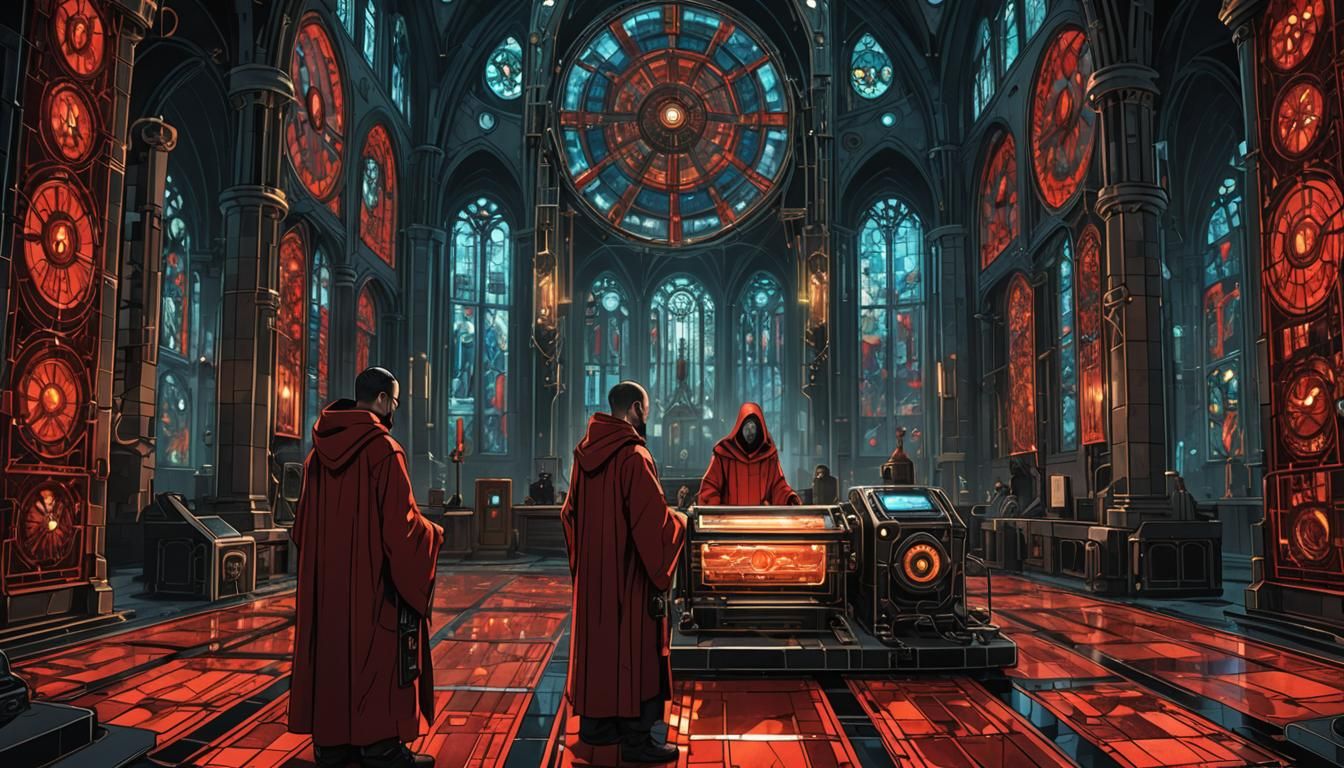 Cyberpunk Stained-Glass Cathedral with Tech-Priests