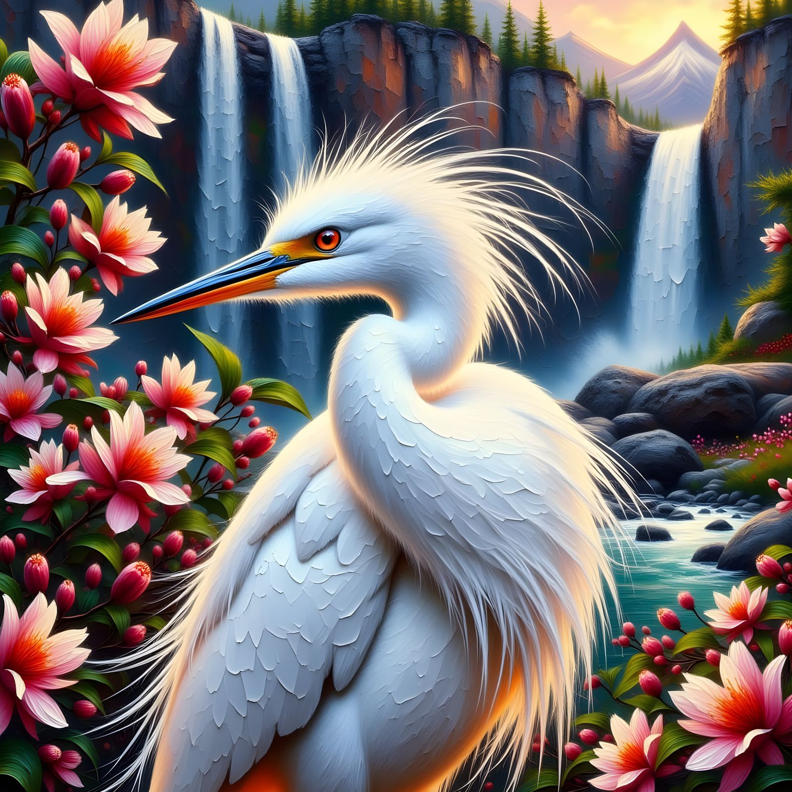 Snowy Egret Displaying Feathers as Impasto Painting