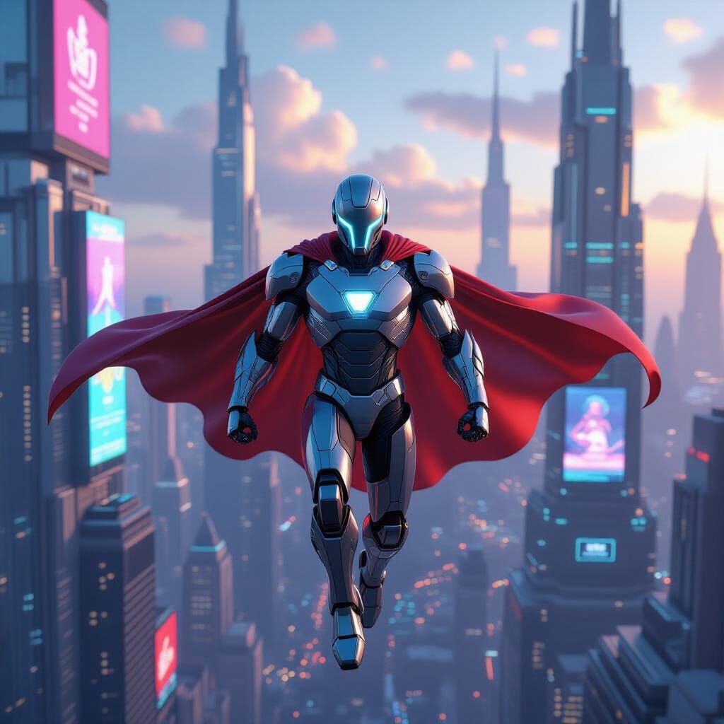 Robot Superhero Soaring Over Futuristic Cityscape