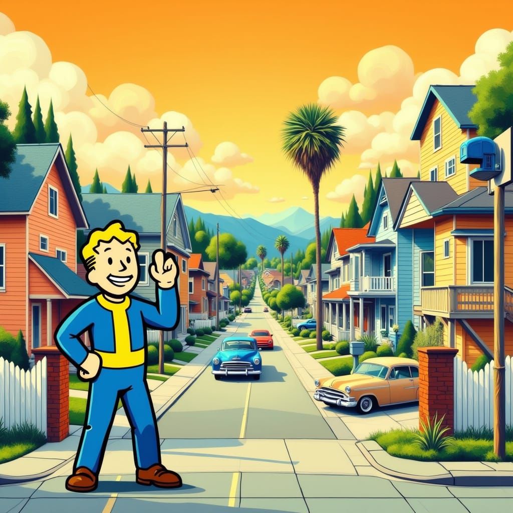 Retro-Futuristic Suburb with Vault Boy in Elysium Flux