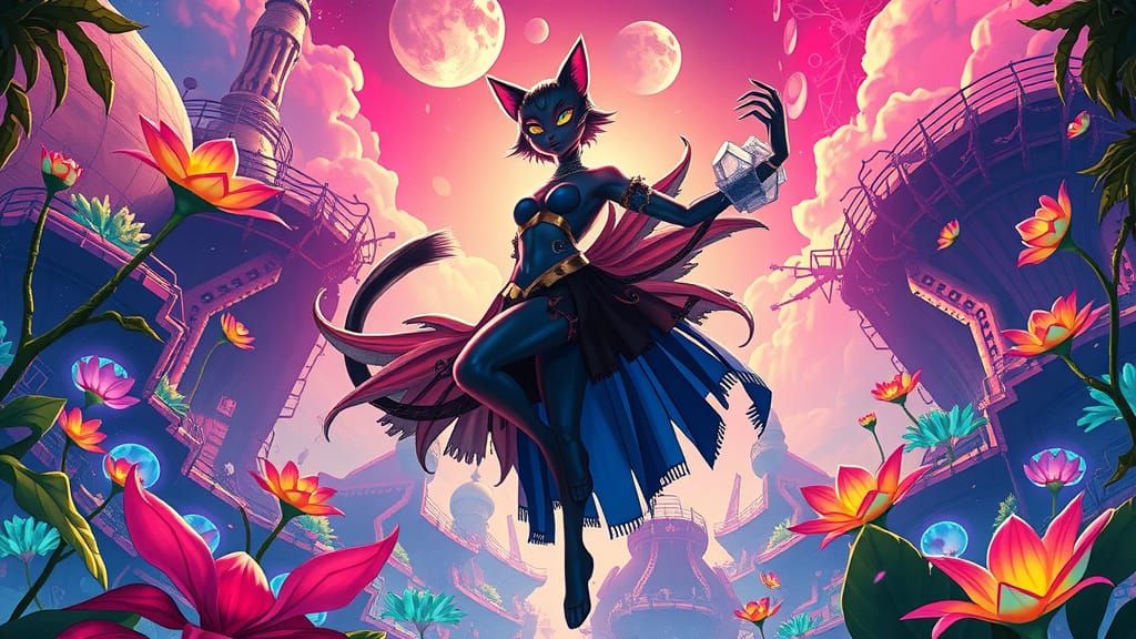 Cat Goddess Ascending in Neon Jungle Dreamscape