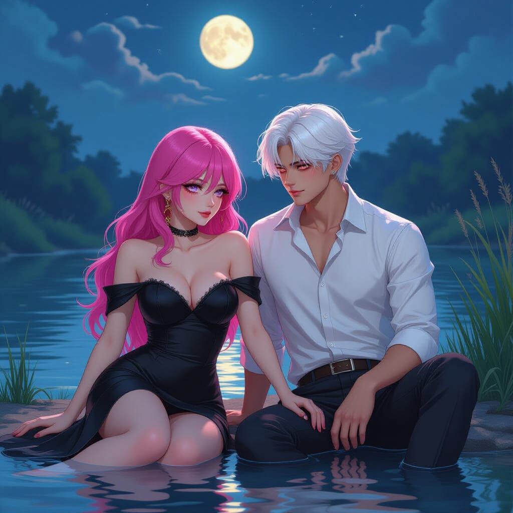 Couple by Riverbank Under Moonlight in Alcohol Ink Style