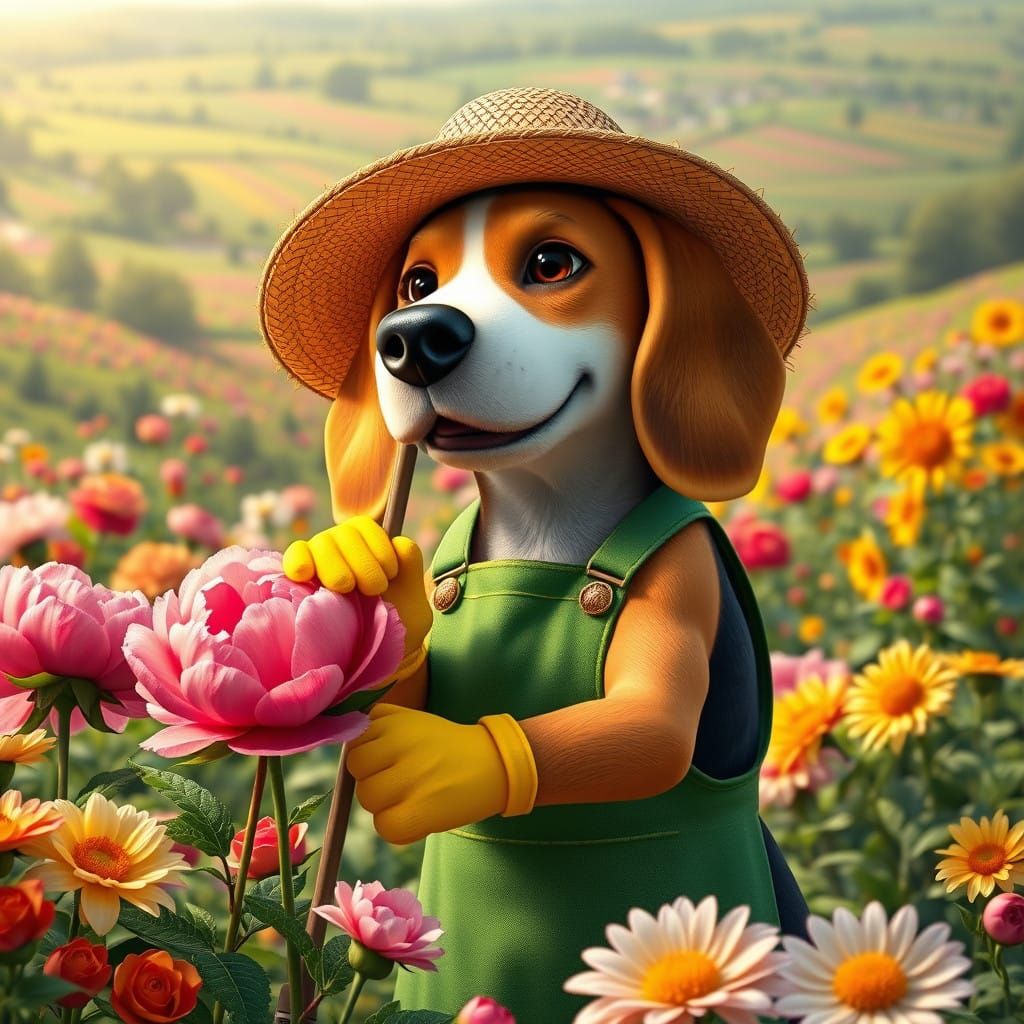 Whimsical Beagle Gardener Tends Springtime Blooms