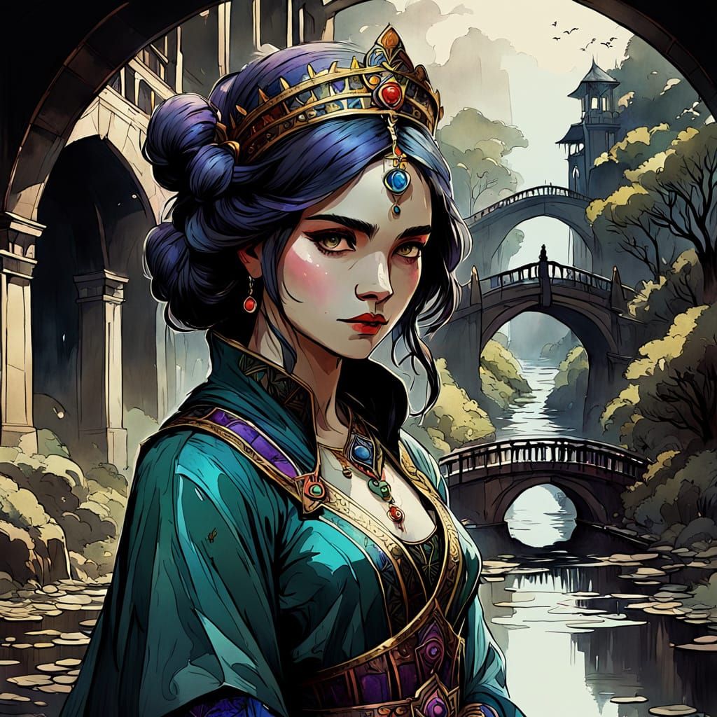 Fantasy Queen of Spades on Bridge in Anime Style