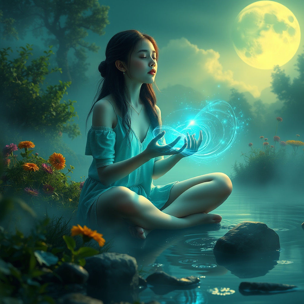 Ethereal Aura: Woman Meditating by Moonlit River