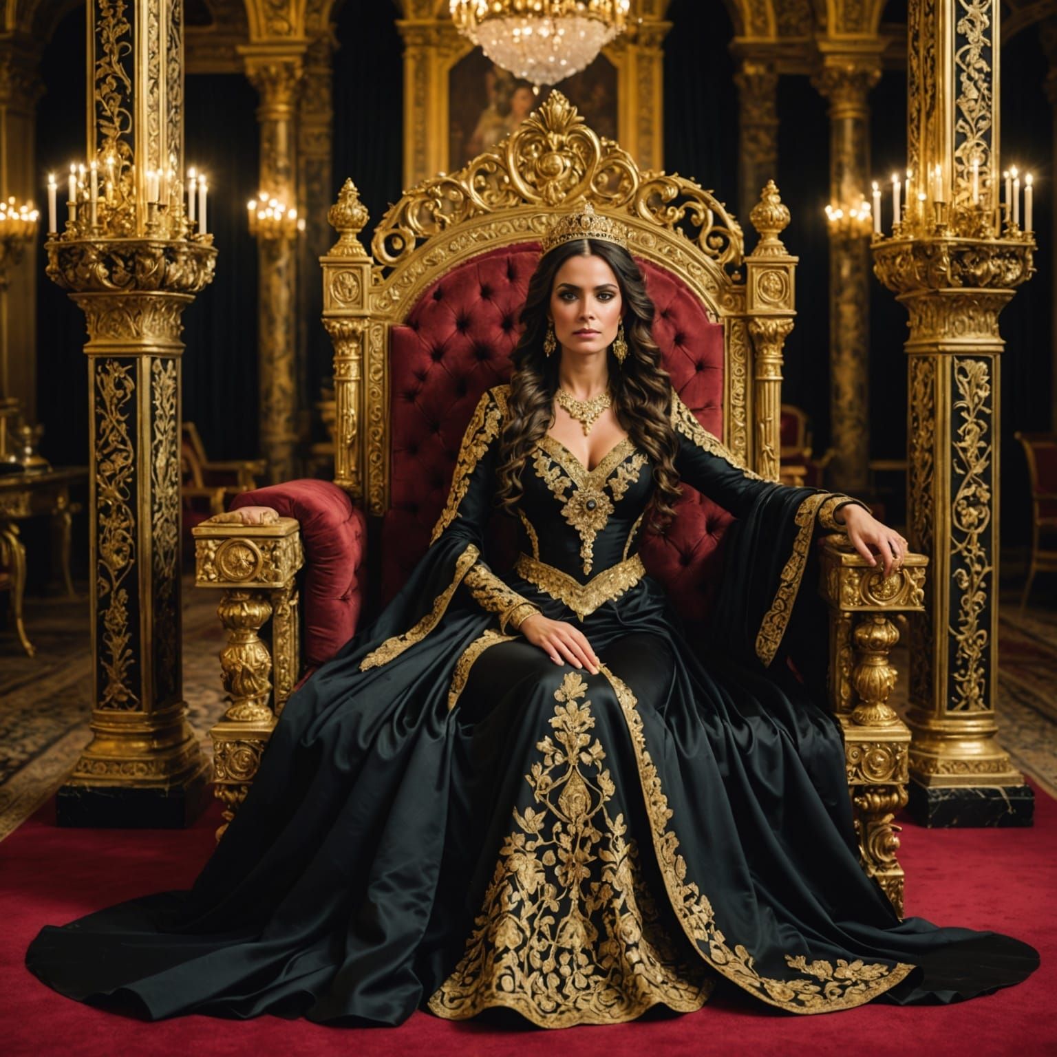 Elegant Queen Reigns in Golden Opulence