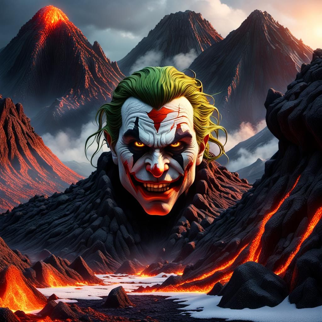 Volcano Joker Face Carving in Digital Art Style