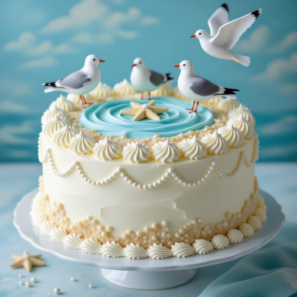 Summer Holiday Cake with Seagulls in Fantasy Style