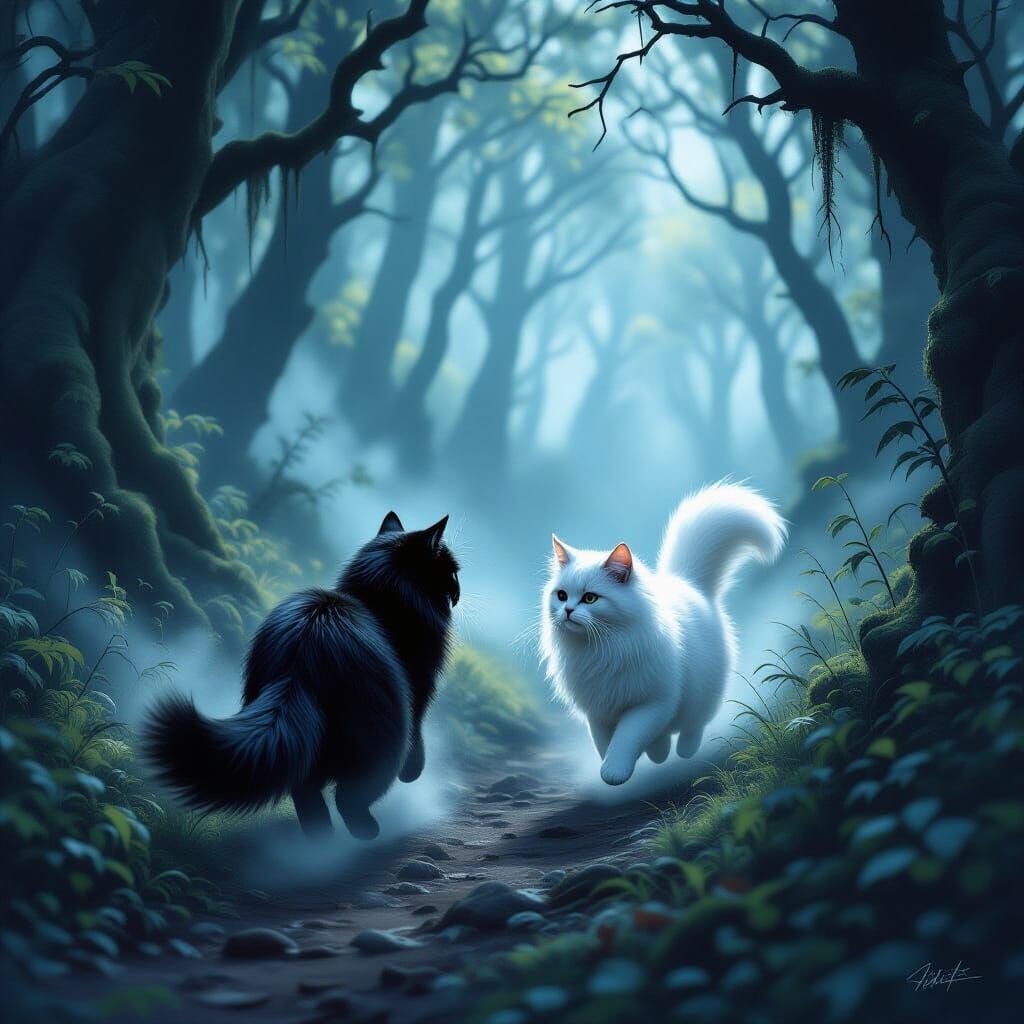 Black and White Cats Running in Misty Dark Forest