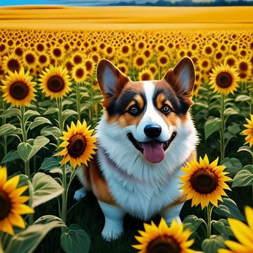 Corgi's Joyful Romp in Sunflower Field