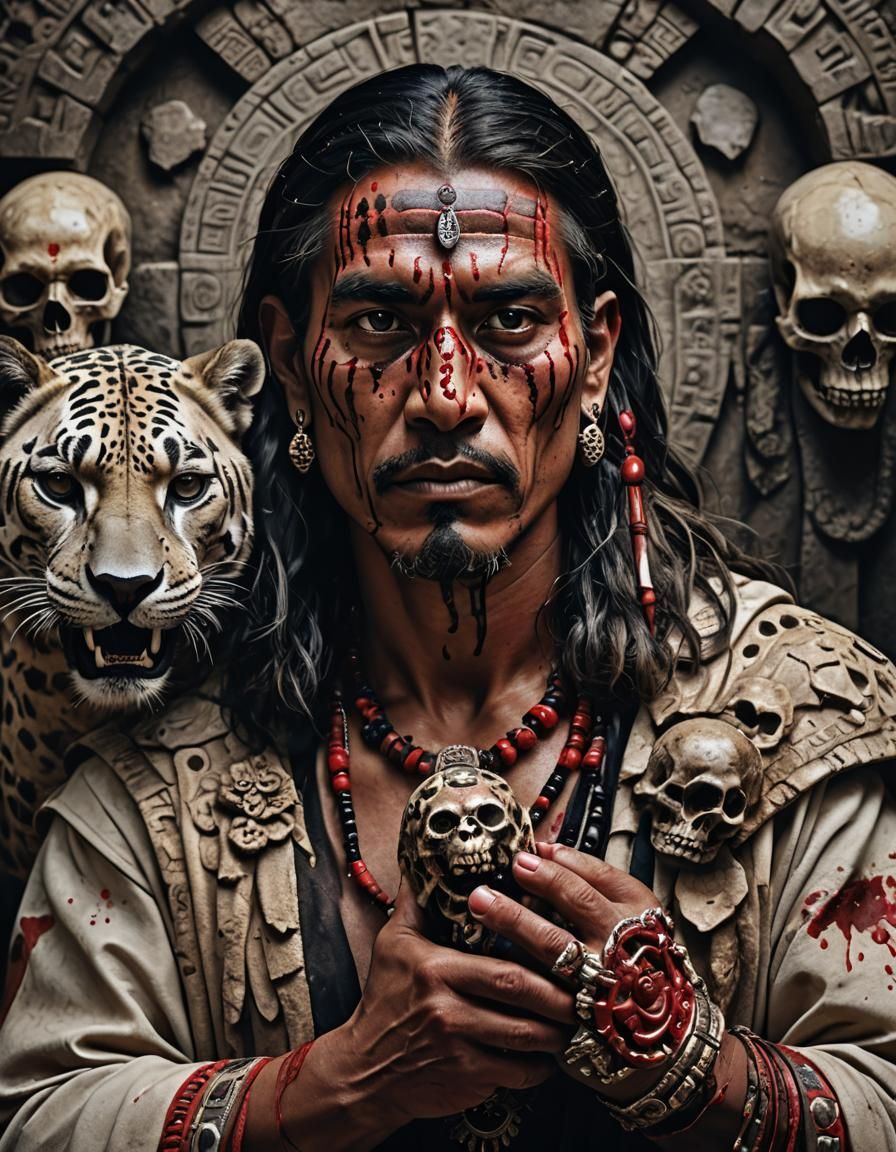Aztec High Priest Amidst Jaguar Stone Carving with Bloody An...