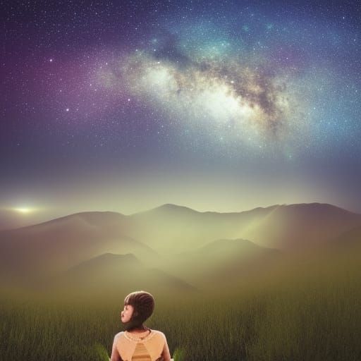 Person Under Starry Field: Digital Matte Painting