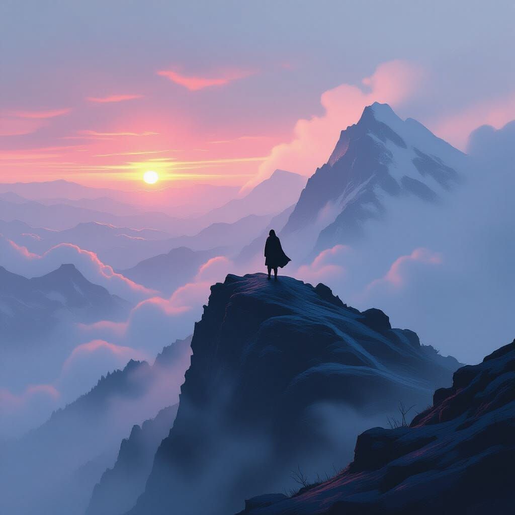 Lone Figure on Mountain Peak in Digital Painting Style