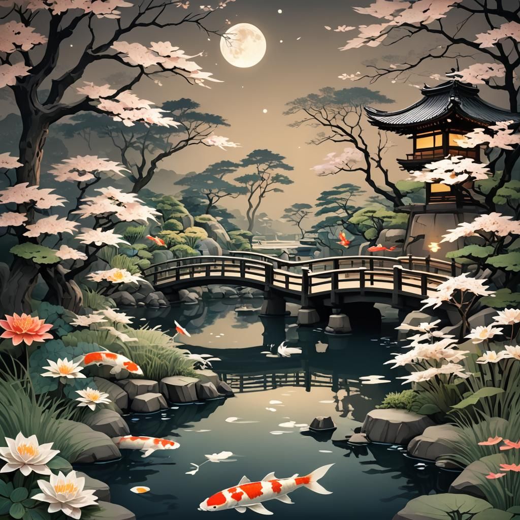 Tranquil Samurai Garden with Kirigami Bridges