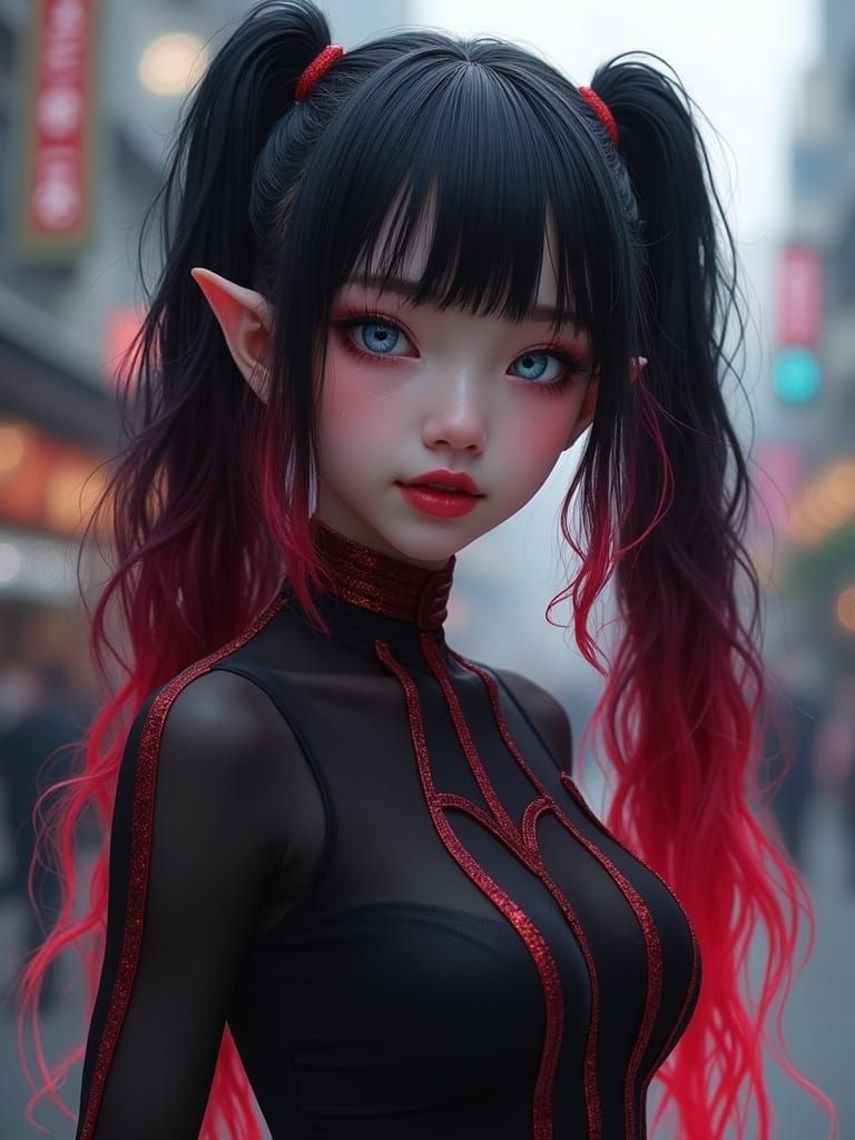 Gothic Asian Elf with Red Hair and Dramatic Makeup