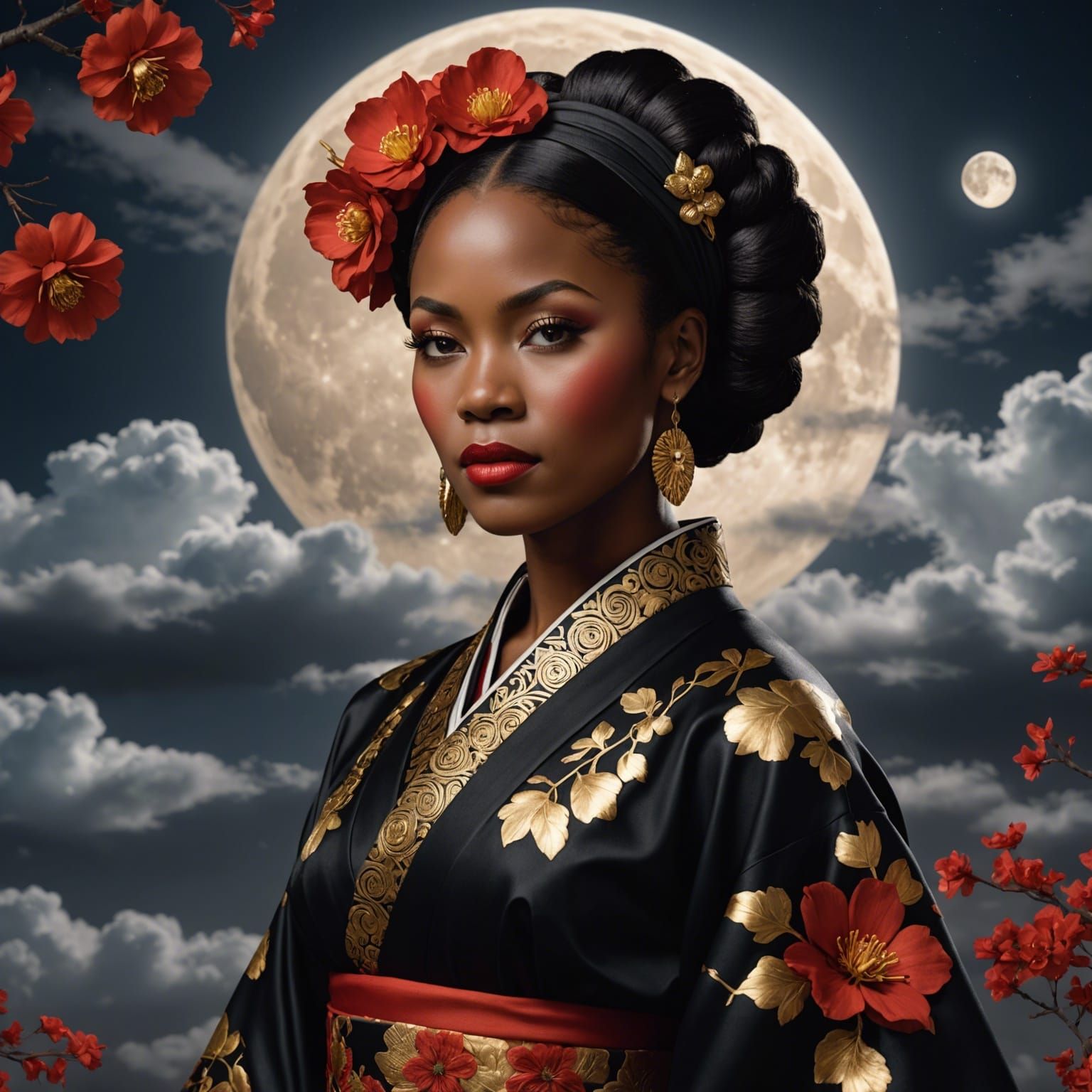 African Woman in Kimono Under Moon, Hyperrealistic