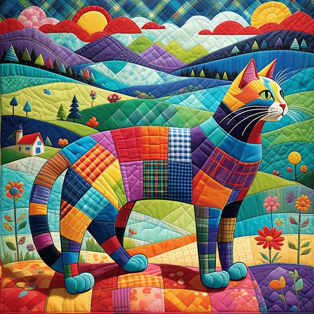Surreal Plaid Patchwork Cat in Storybook Style