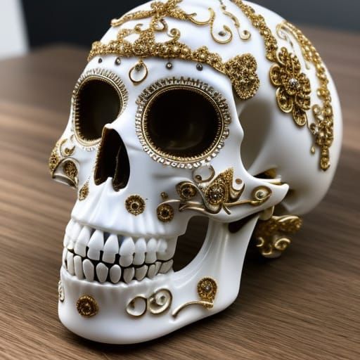 Ornamental Marble Skull Statue with Filigree