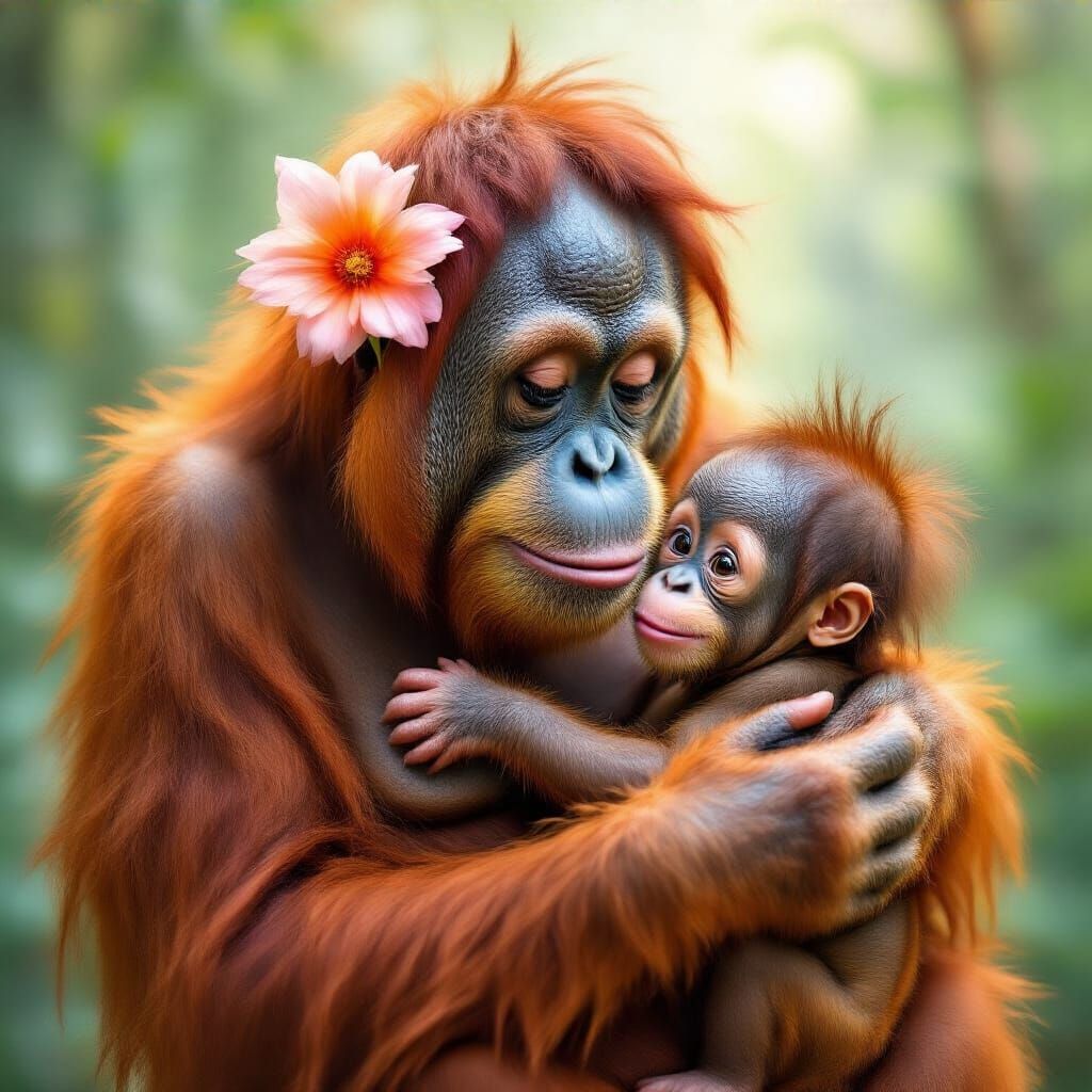 Orangutan Mother and Baby with Flowers