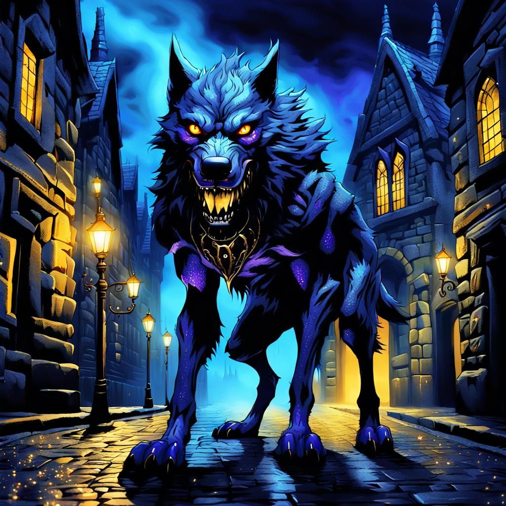 Demonic Wolf in Gothic City at Night