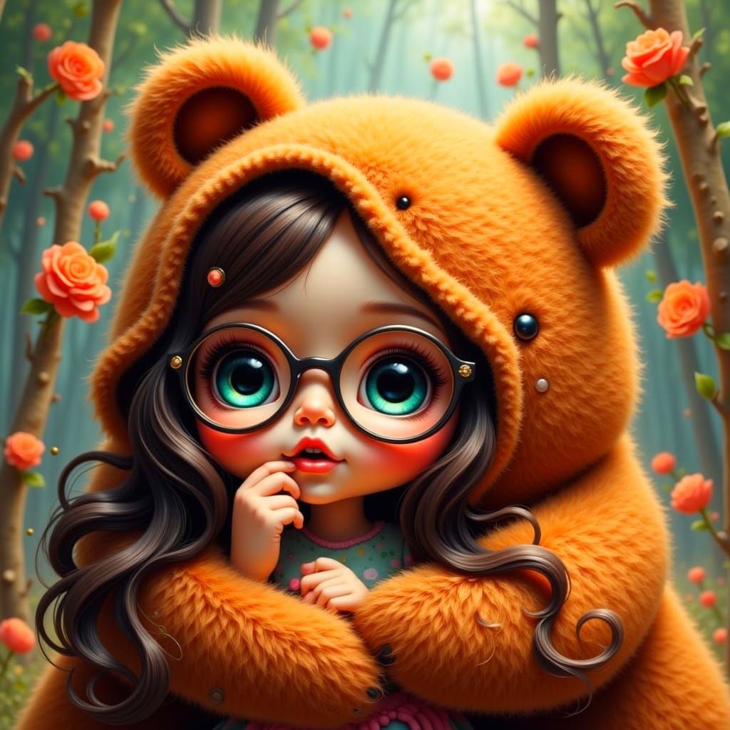 Joyful Girl Cuddles Big Furry Bear