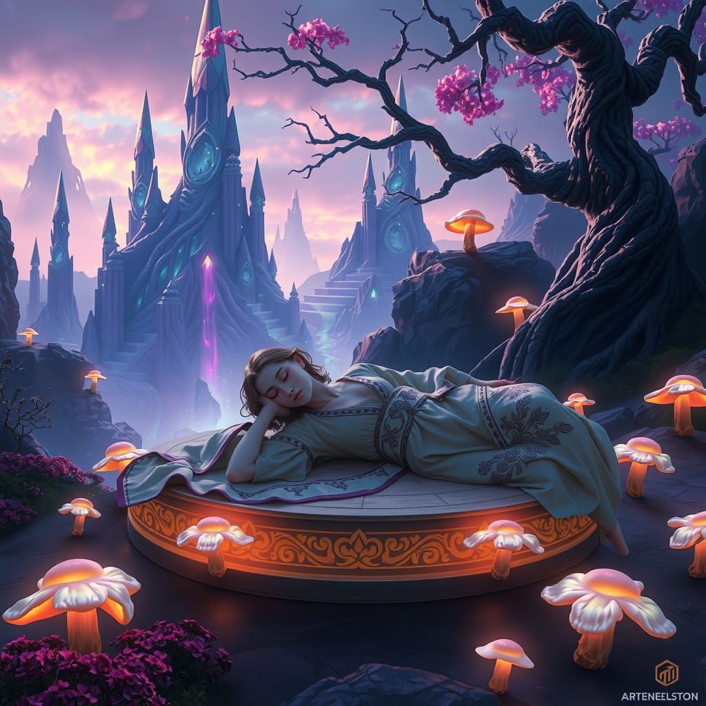 Dreamlike Figure Asleep in Alien Landscape