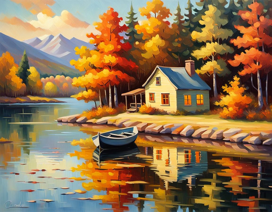 Autumn Lake House in Impressionist Style