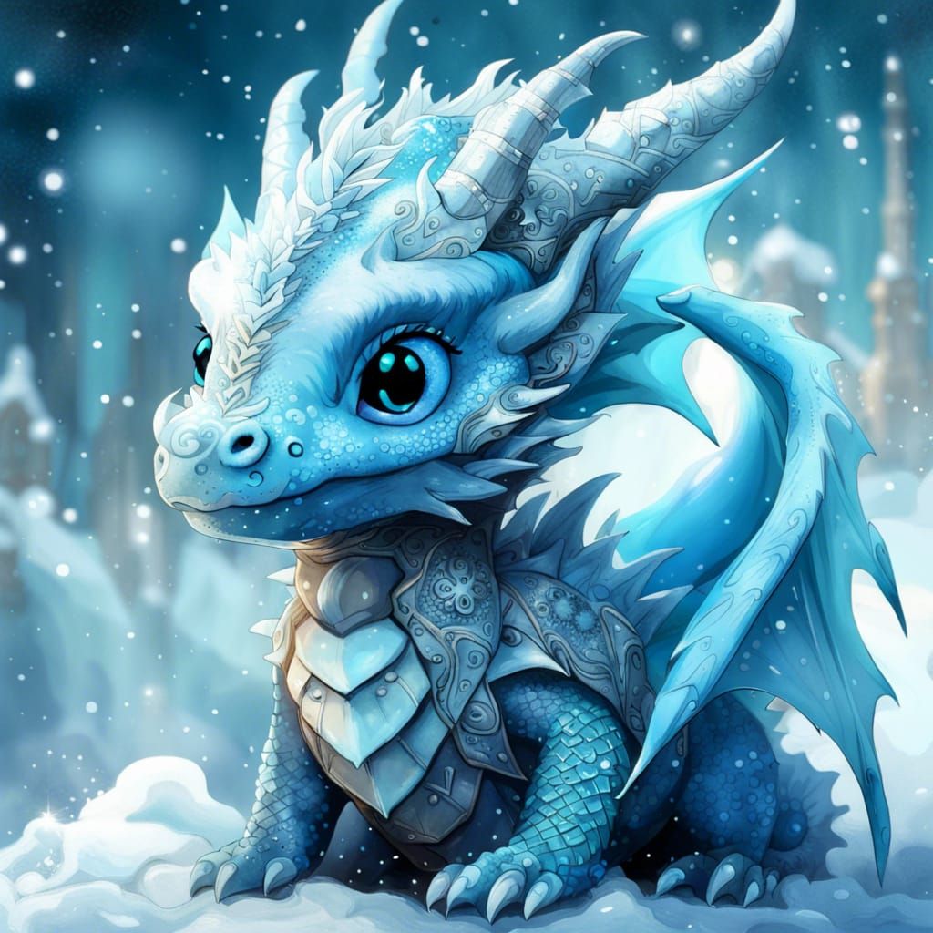 Pale Blue Winter Dragon with Snowflakes Fantasy Art