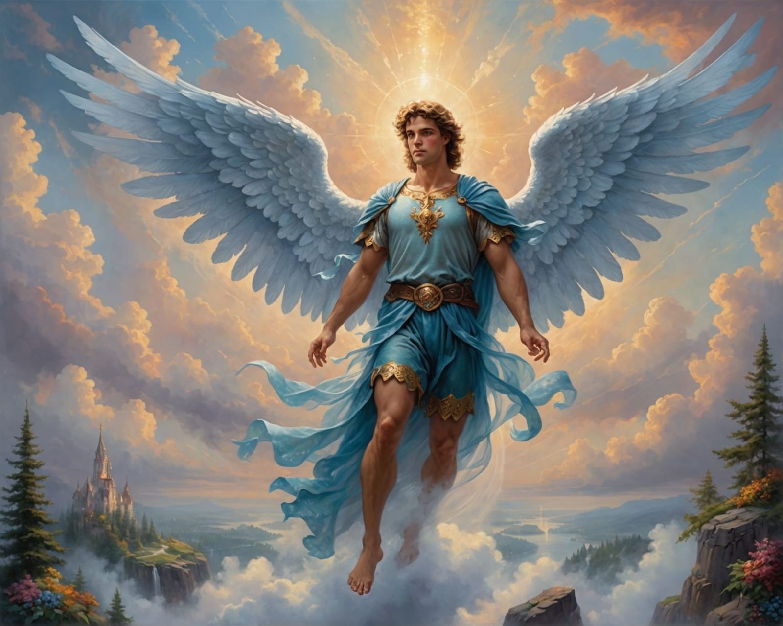 Beautiful Male Angel with Detailed Wings in Clouds