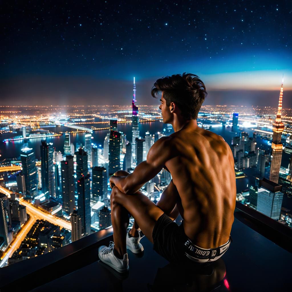Shirtless Man Overlooking City at Night
