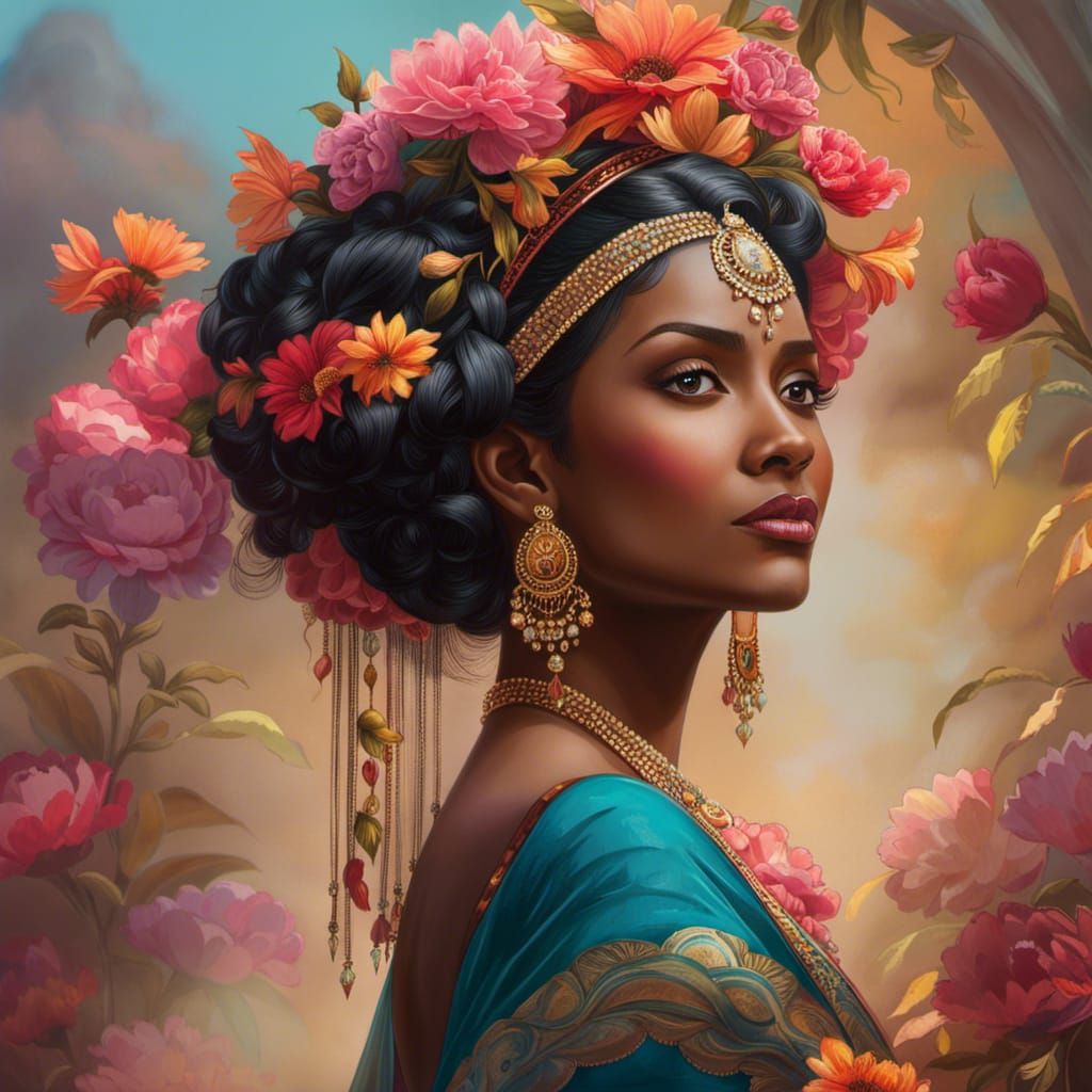 Embellished Portrait of Indian Woman in Sari