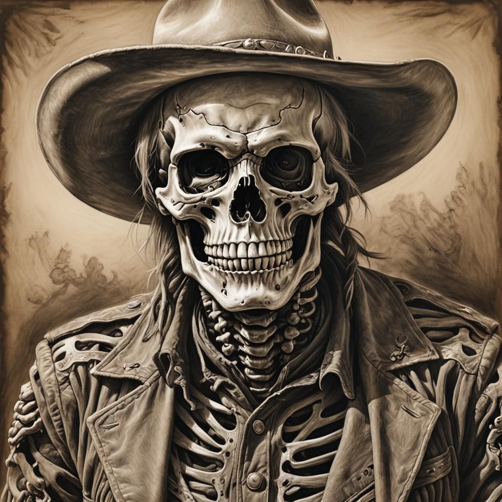 Sepia Charcoal Drawing of a Skeleton Cowboy