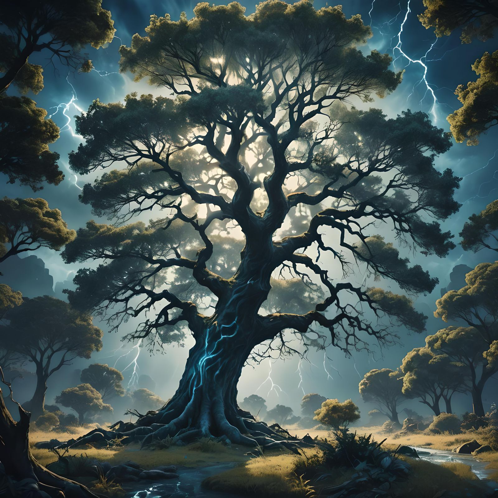 Ethereal Cyanotype Landscape of Big Tree and Thunder