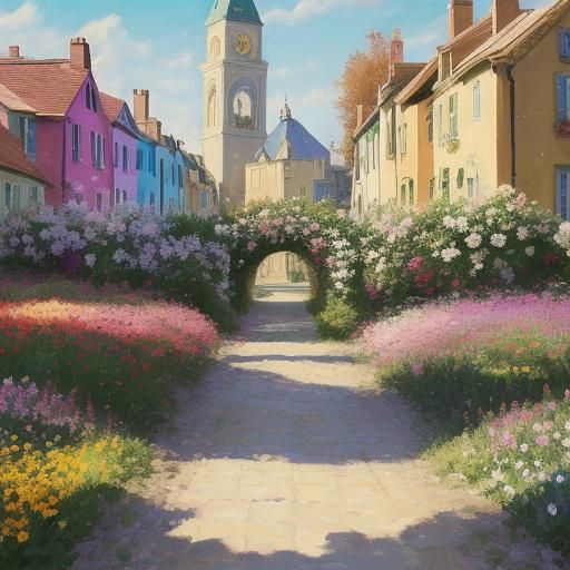 Dog with Flowers in Impressionist Street Art Style