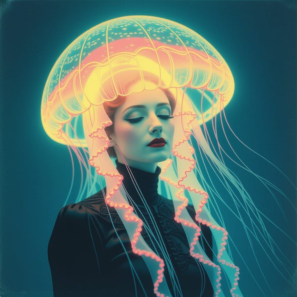 Neon Horror Jellyfish Woman in Geometric Style