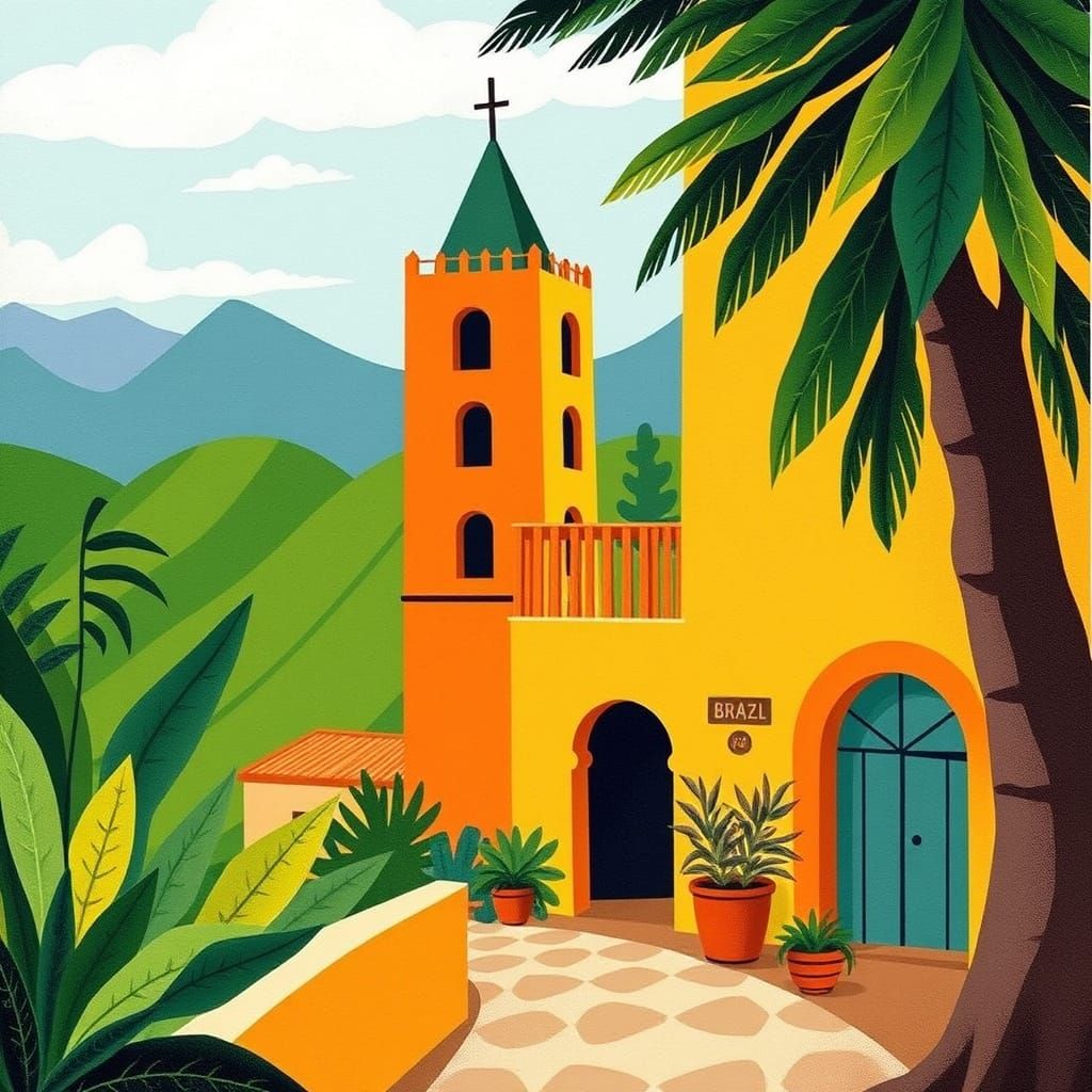 Vibrant Mid-century Modern Illustration of Brazilian Landsca...