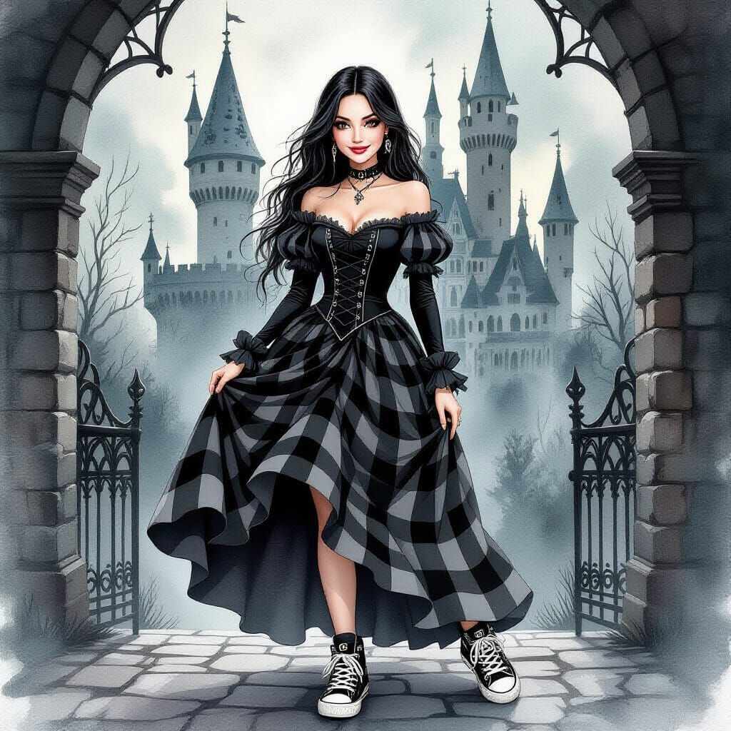 Gothic Castle Woman in Plaid Gown - Watercolor Style