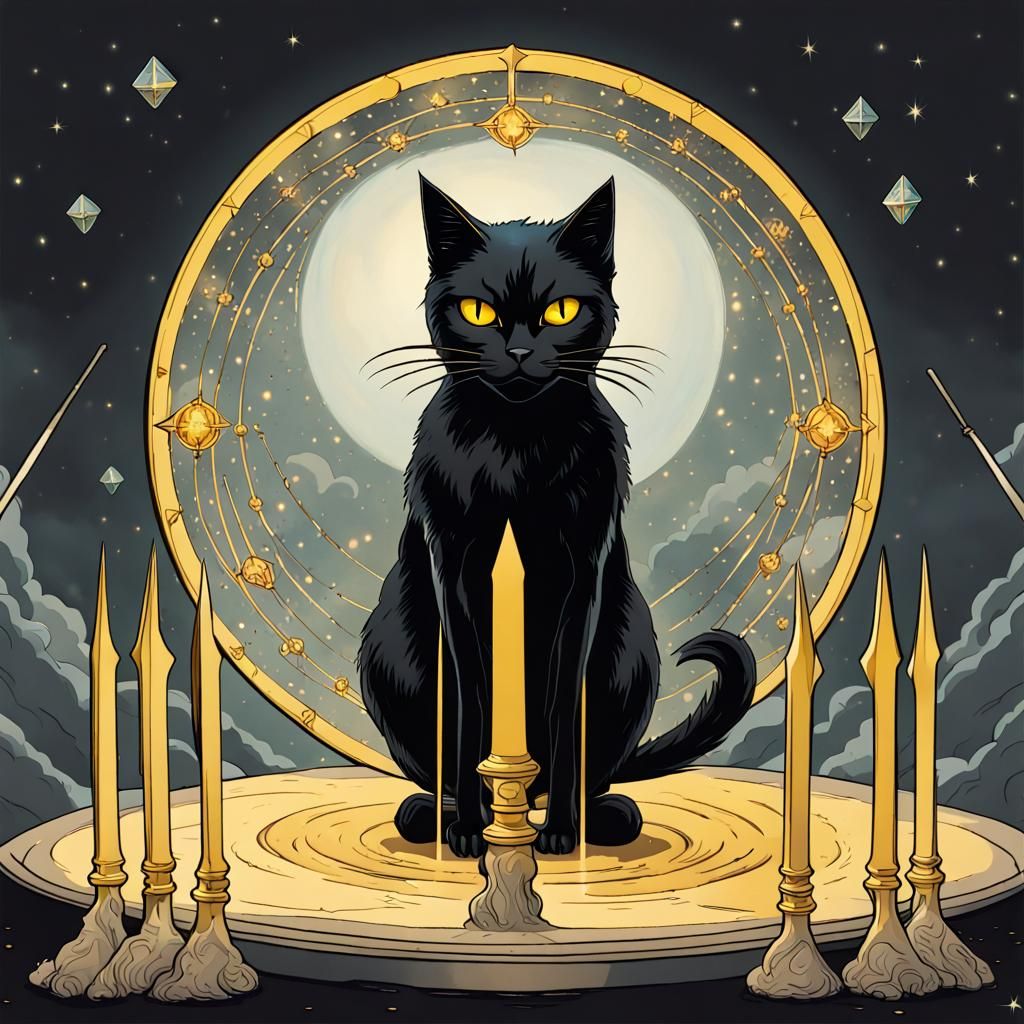 Black Cat Tarot Card with Swords in Crystal Ball