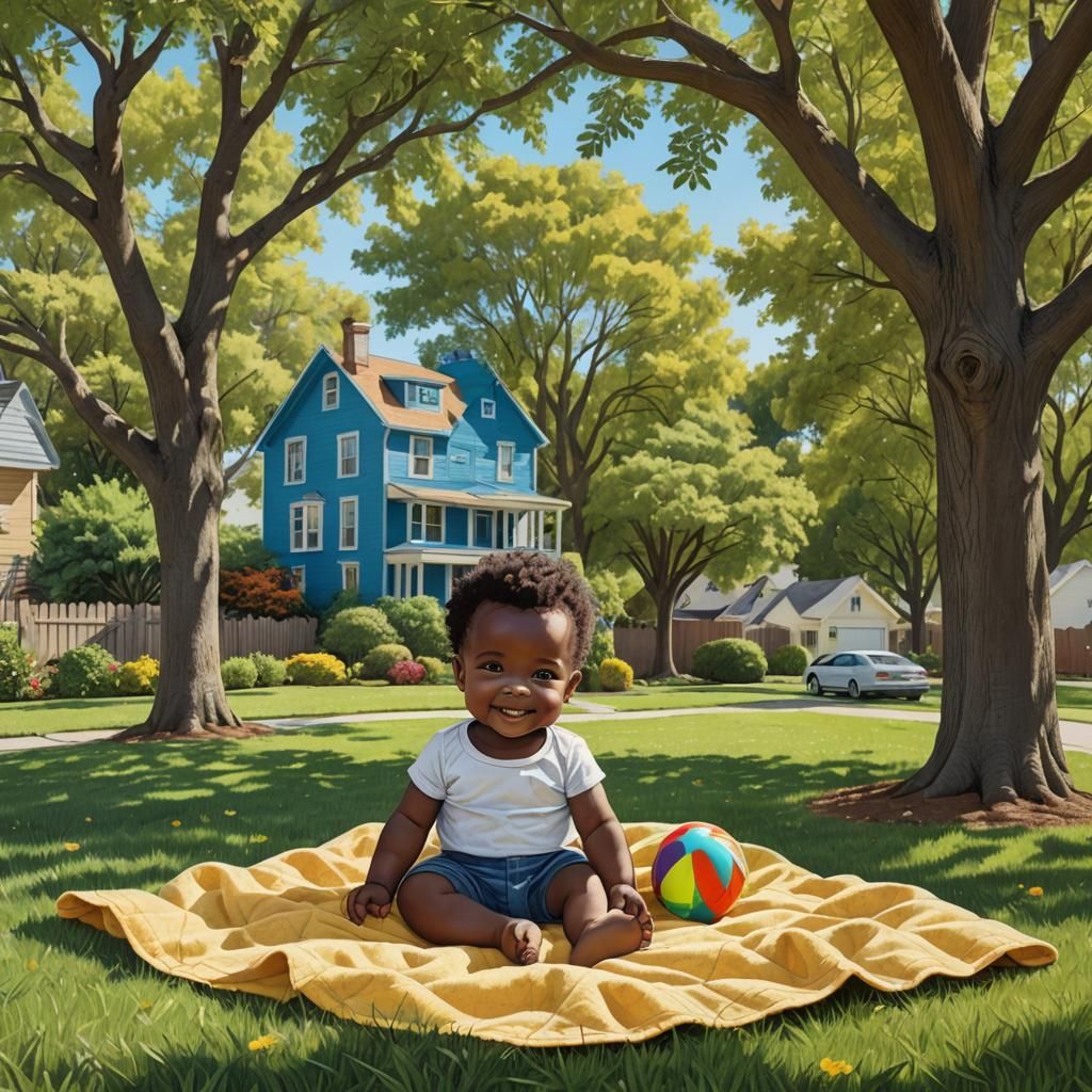 Smiling Baby on Blanket in Grassy Yard