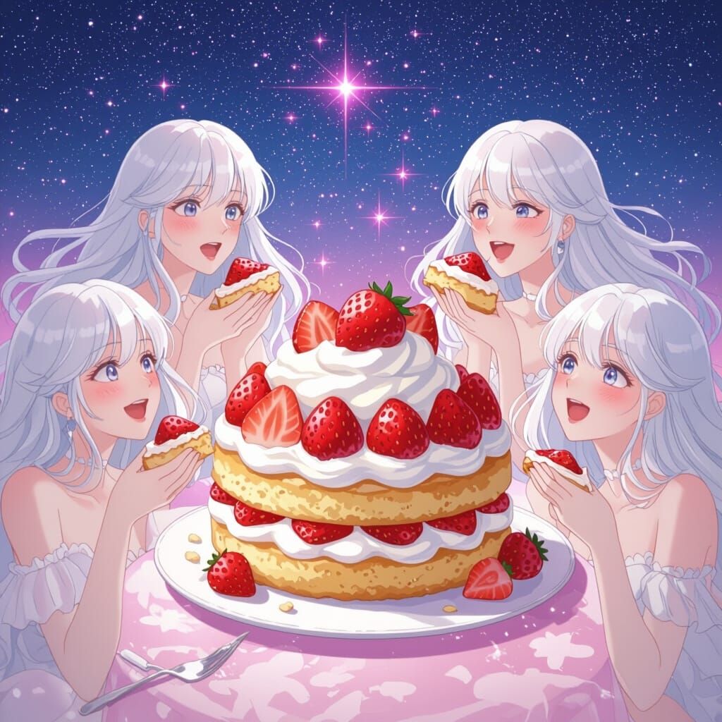 Strawberry Shortcake Feast Under Pink Starry Sky in Anime St...