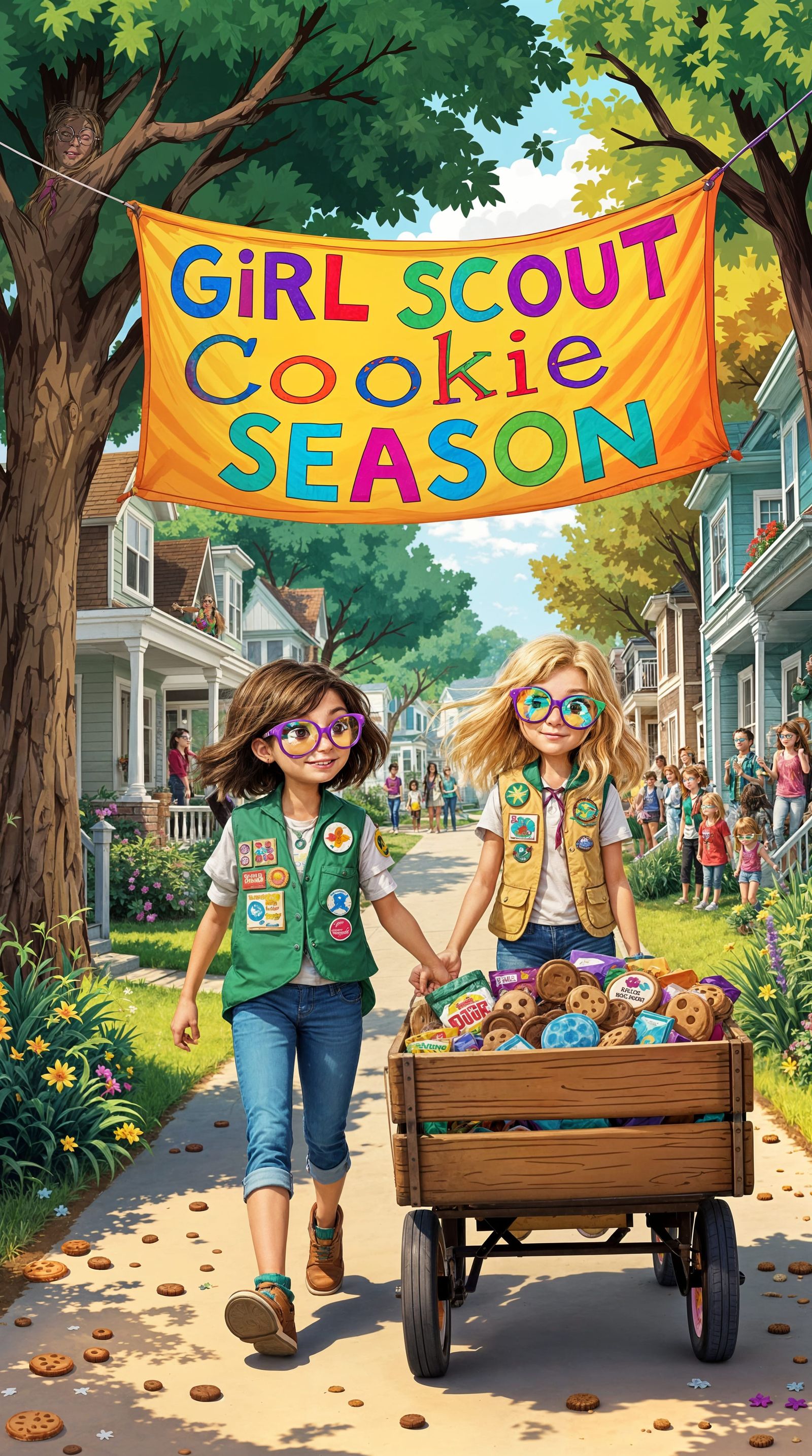 Girl Scouts Selling Cookies in Front of Houses