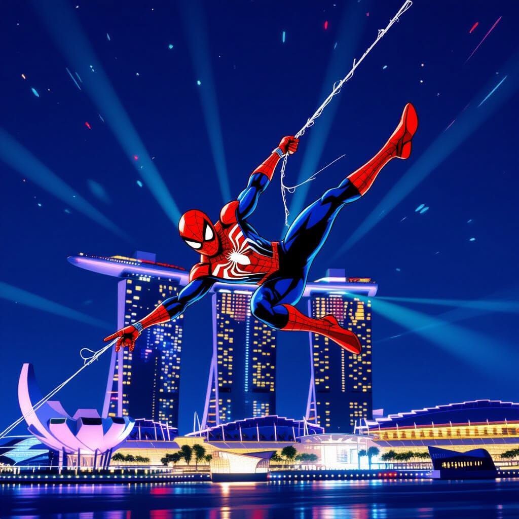 Spider-Man Flips Over Neon Marina Bay at Night