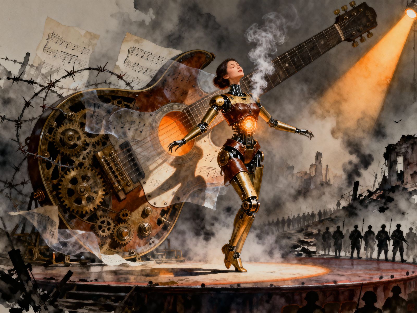 Steampunk Mechatron Dancer in Double Exposure Art
