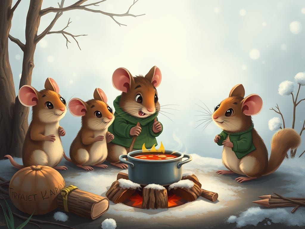 Cute Mouse Family Warming by Cozy Winter Campfire