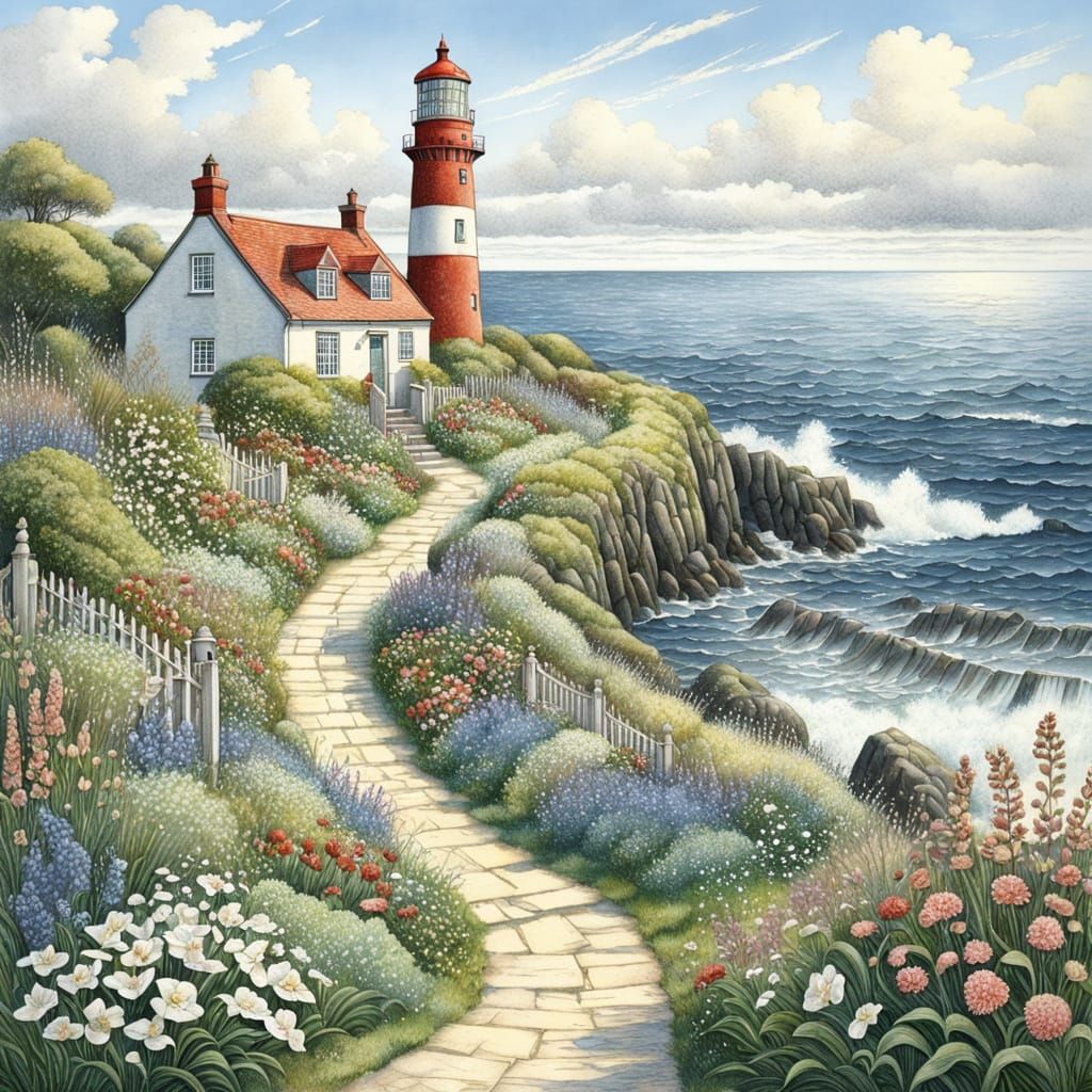 Whimsical Lighthouse Scene in Idyllic Summer Cottage Garden