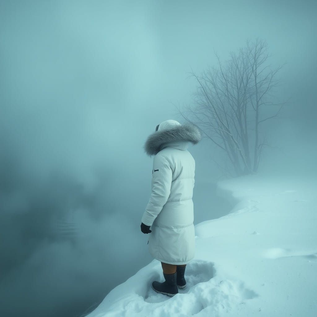 Lonely Figure in Frozen Landscape