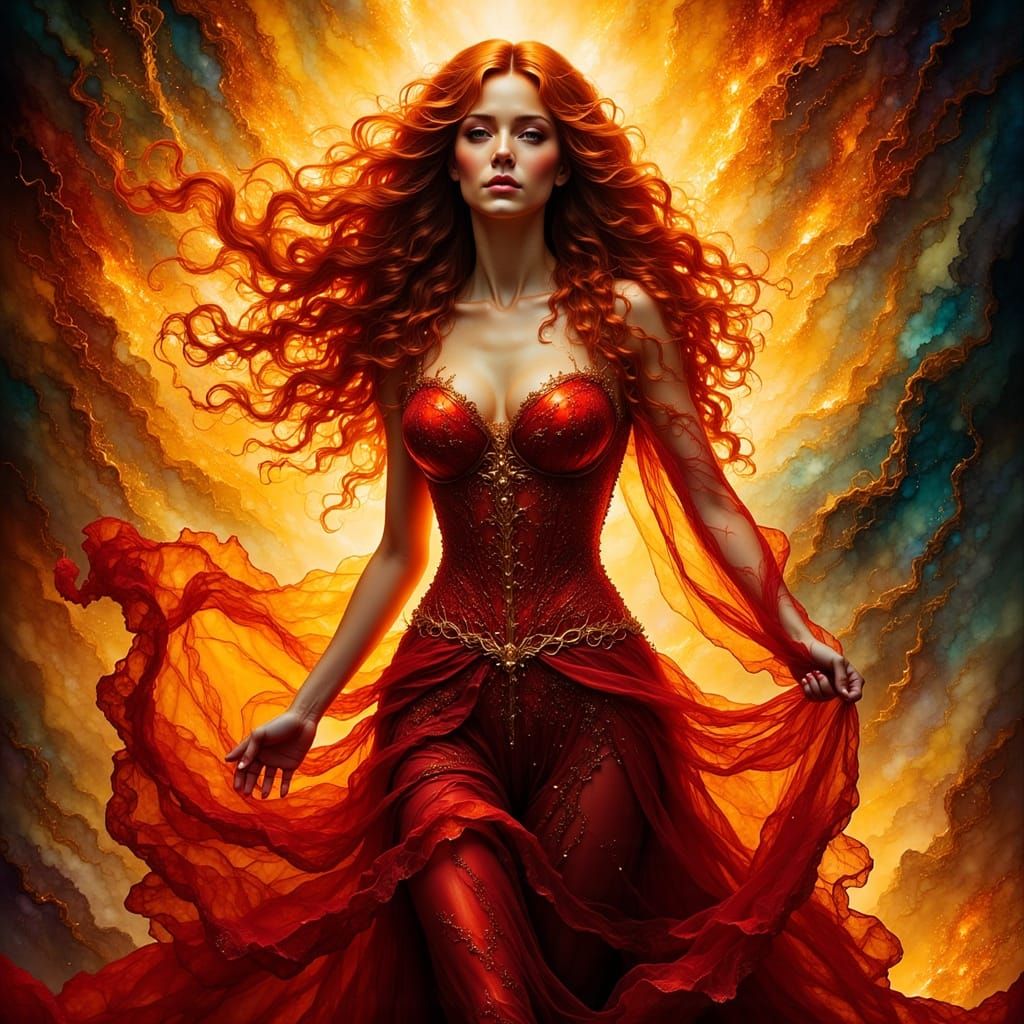 Fiery Woman in Ruffled Gown, Romantic Painterly Style