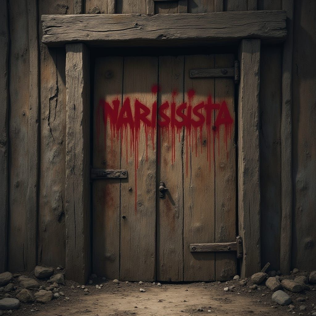 Eerie 19th Century Farm Door with Blood-Red Graffiti