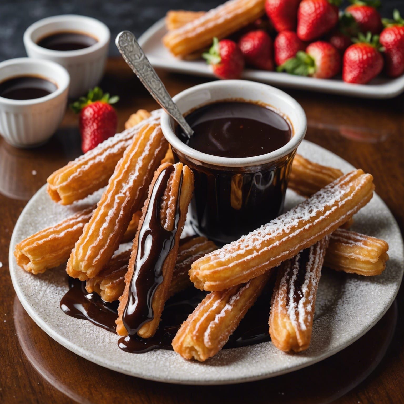Golden Churros Dipped in Chocolate Sauce