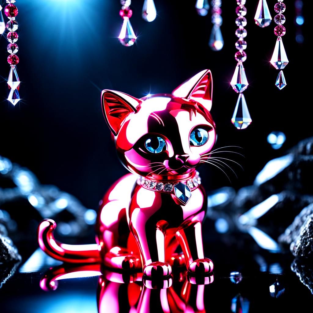 Sparkling Ruby Cat Statue in Crystalline Cave